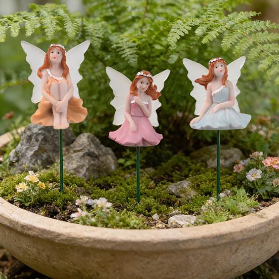 4 Pcs Fairy Garden Stake, Outdoor Resin Angel Figurine with Delicate Wings & Colorful Dress, Rust-Proof Metal Stake for Plant Pots,
