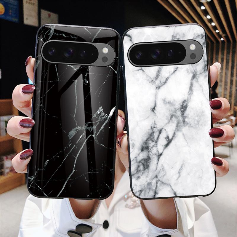 For Google Pixel 9 Pro XL Case Marble Pattern Tempered Glass+PC+TPU Protective Phone Cover