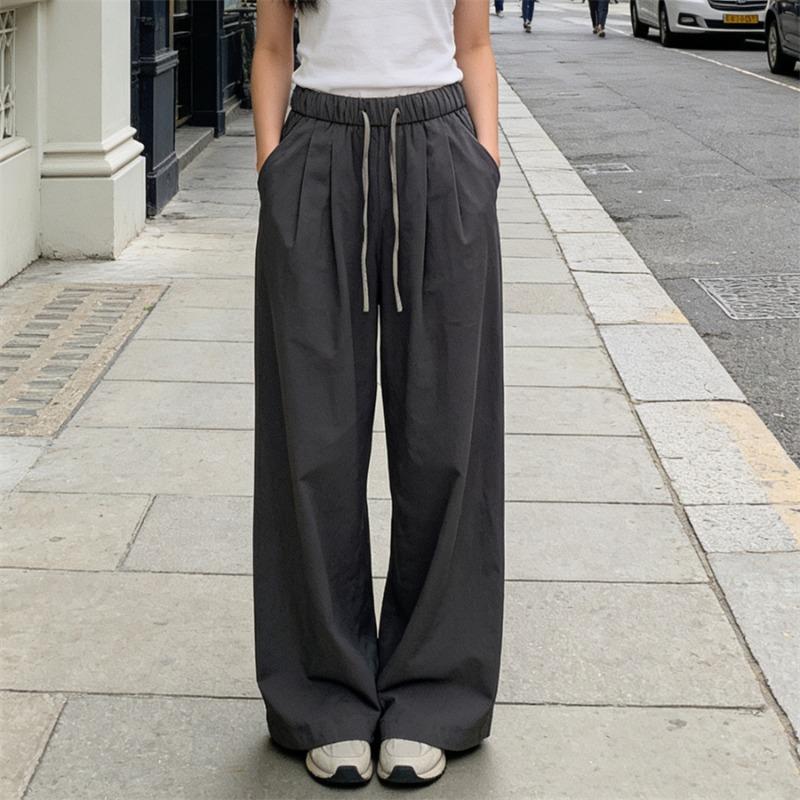 

New Loose Women s Wide-leg Pants Drawstring Autumn Casual Long Pants Spring Summer Women s Lace-up Elastic Waist Solid Color Wide-leg Pants M серый