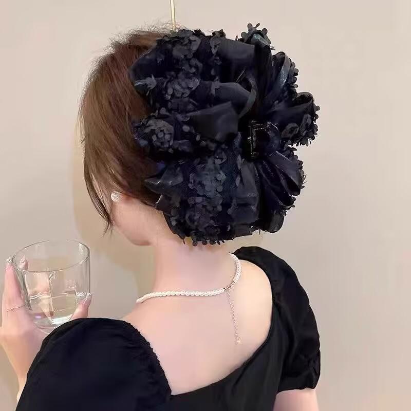 Large Summer Lace Edge Bow Claw Clip Hair Accessory for Women - Multi-Layer Feather Design