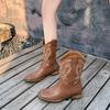 Mode Frauen Bestickte Westernstiefel Leder Mittlere Waden Cowboystiefel Winterstiefel mit Blockabsatz Weibliche Herbstschuhe Botas Chelsea