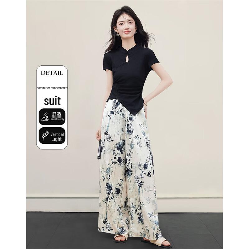 New Chinese Ink Print T-shirt & Wide-Leg Pants Set XL