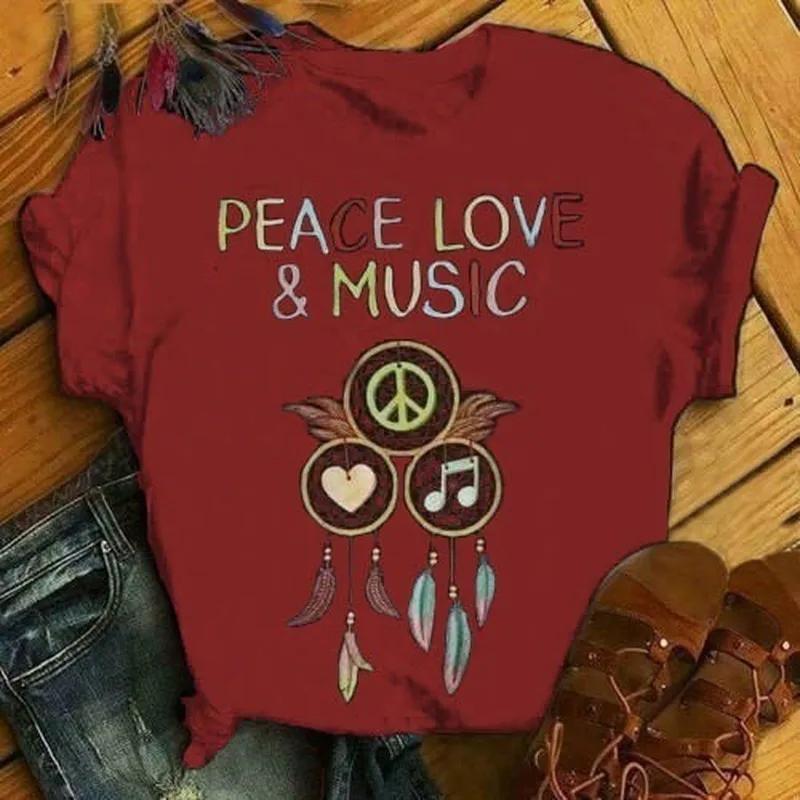Peace Love Music Wind Chimes Print Women T Shirt Short Sleeve O Neck Loose Women Tshirt Ladies Fashion Tee Shirt Tops Clothes