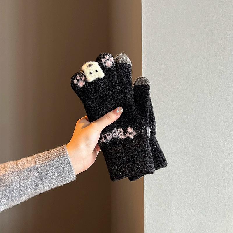 Gloves winter female ins cute thickened warm cold cycling student five fingers wool knitting autumn and winter