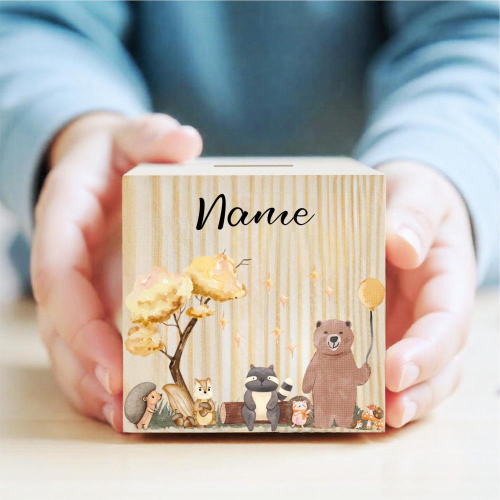 Spersonalizowana Skarbonka Zwierzę z Imieniem Skarbonki dla Dzieci Pudełko na Kolekcję Monet Drewniany Banknot Bank Dziecięce Urodziny Chrzciny Baby Shower Prezent