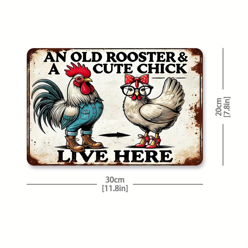 Charming Vintage 'A Husband, Chicken & Cute Little Chick Live Here' Sign - 12x8" Waterproof & Dustproof Metal Wall Art for Home