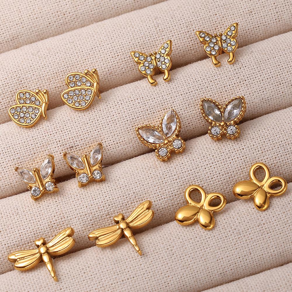 Temperament Versatile Stainless Steel Butterfly Dragonfly Gold Plated Earrings Premium Titanium Steel Earrings Women
