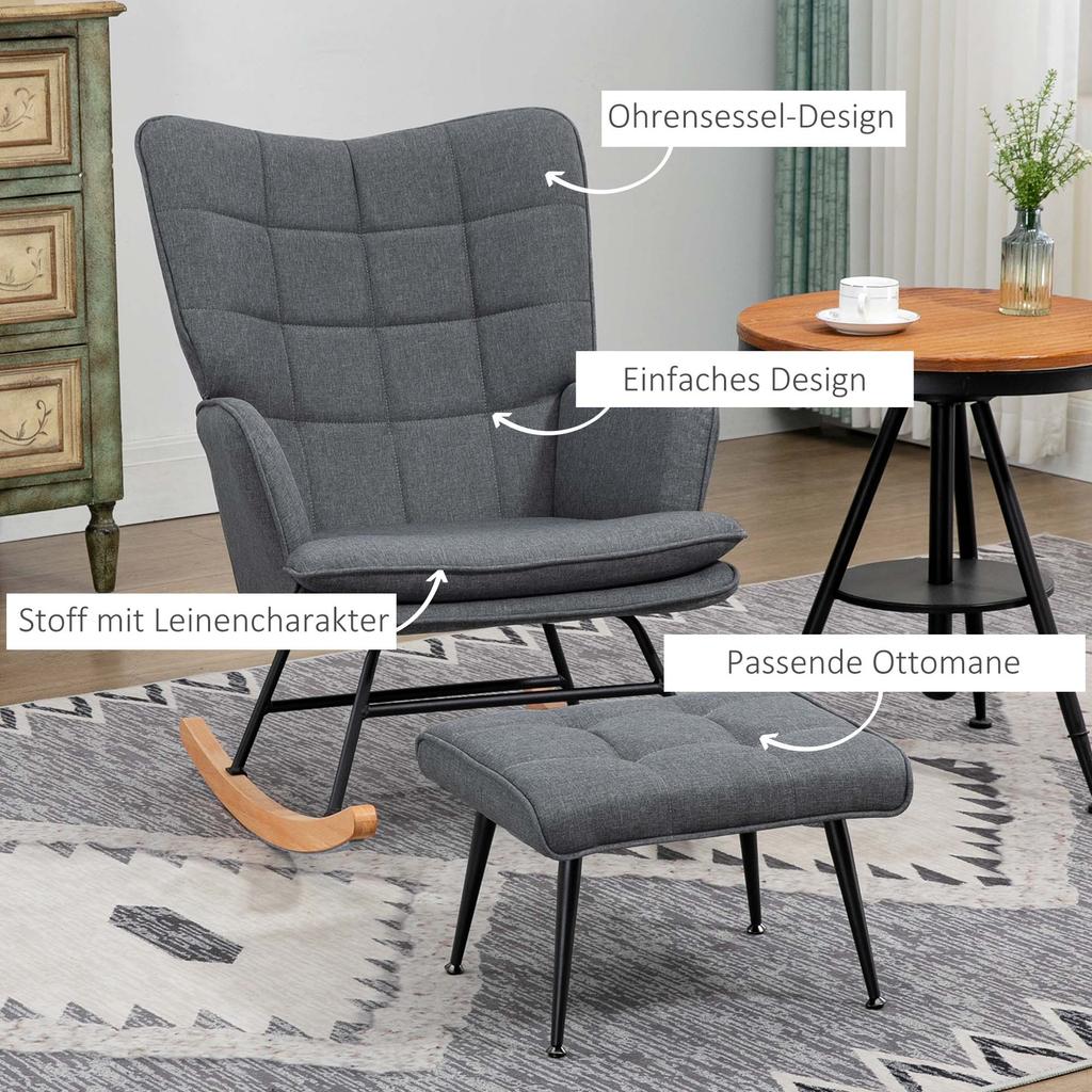 Rocking Chair with Stool, comfortable, up to 130 kg, Linen Look, 64x89x90cm, Grey