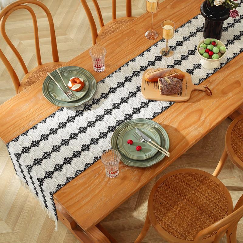 Cotton Linen Table Runner With Striped Patchwork Design Tassel Trim Modern Minimalist Long Cover Dining Room