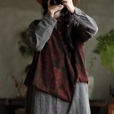 Women Print Floral Chinese Style Vests Stand Coats Button Autumn Vintage Loose Women Irregular Vests