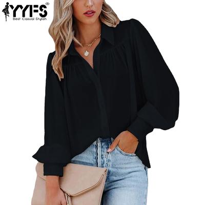 Women's Fashion Casual Spring Fall Solid Color Print Long Sleeve POLO Neck Blouses & Shirts