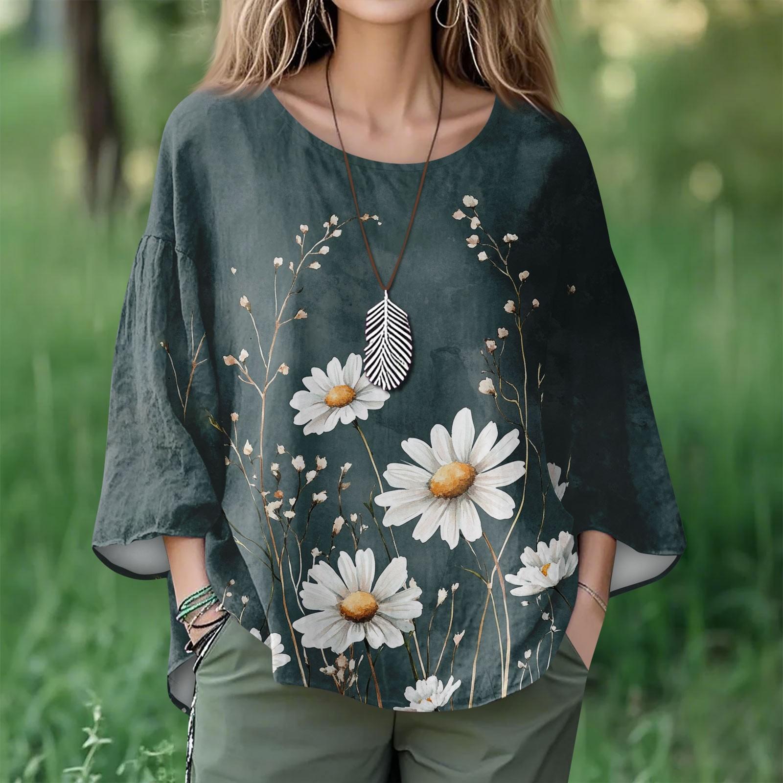 

Summer Tops For Women Cute O Neck 3/4 Sleeve Blouses Floral Print Top Casual Shirts M
