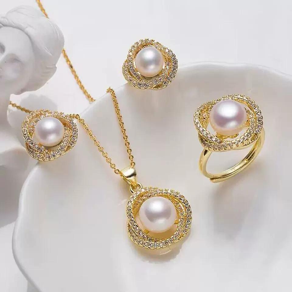 Winding Three-piece Light Luxury Pearl Rhinestone Set High-end Temperament Necklace Ring Earrings Fashion Versatile Jewelry