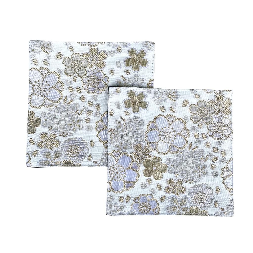 Set of 2 Gold Brocade Coasters [Cherry Blossom Design, White] Coasters, Gold Brocade, Nishijin-ori, Japanese Pattern, Kyoto, Gold Orchid, White