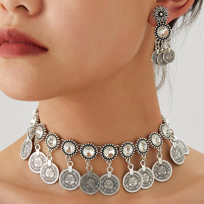 Modieuze Retro Midden-Oosterse Stijl Sprankelende Diamant Munt Vrouwen Sieraden Set - Ketting & Oorbellen