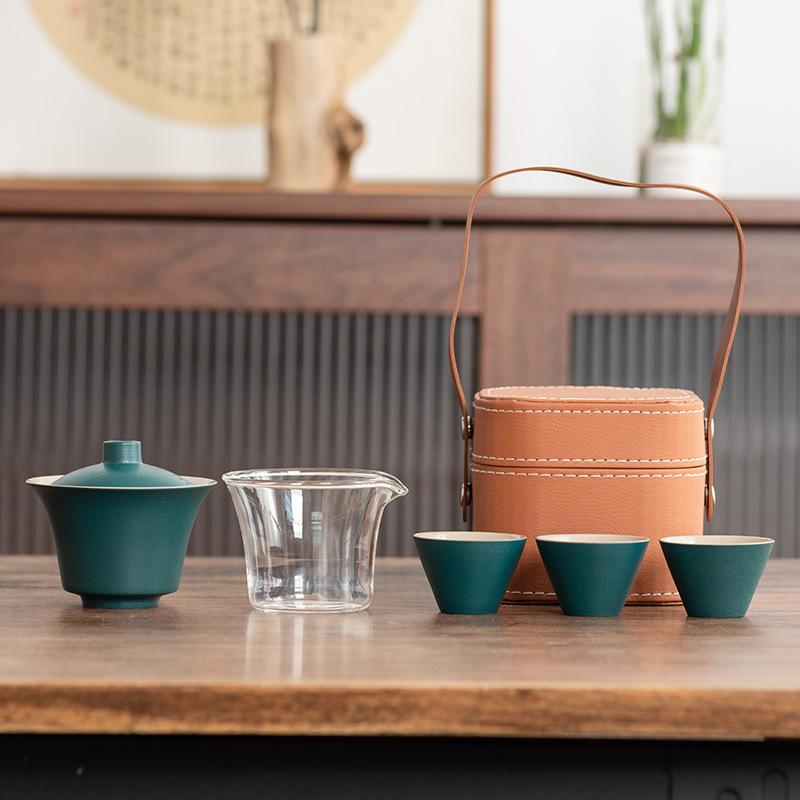 Light Luxury Travel Tea Set Cover Bowl Kuaike Three Cups Outdoor Portable Handbag High-end Ceramic Glass Tea Maker Gift