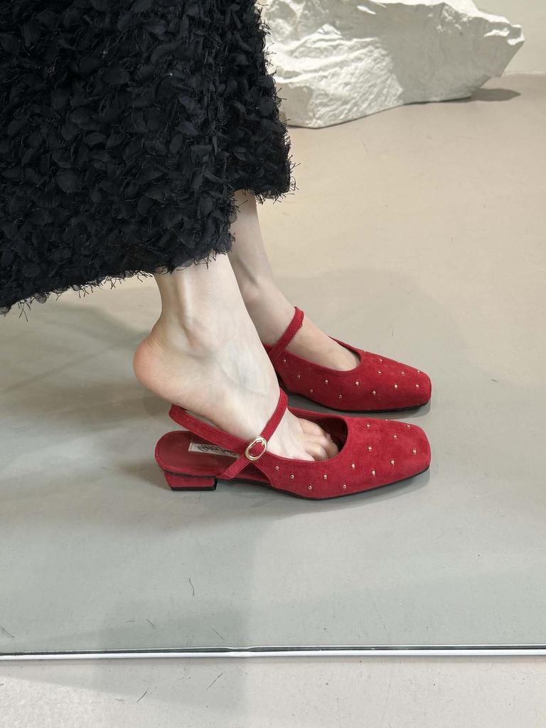 French Square Head Mary Jane Sandals Women'S Shoes Summer Suede Low Heel Thick Heel With Skirt Cool Slippers
