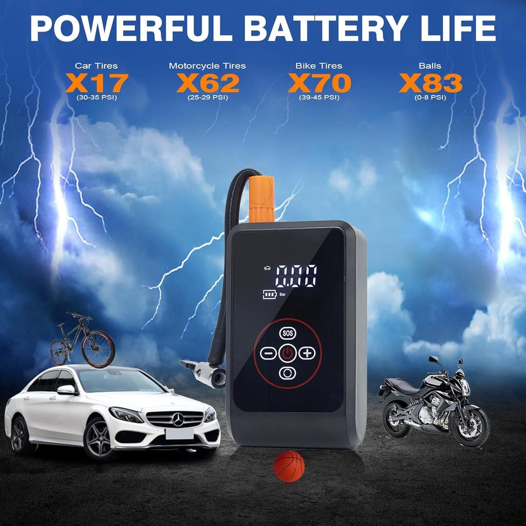 Pompa d'aria portatile per auto, display digitale, pompa elettrica wireless/cablata da 150 PSI, con schermo LCD, per bicicletta, moto, illuminazione di emergenza, ricarica