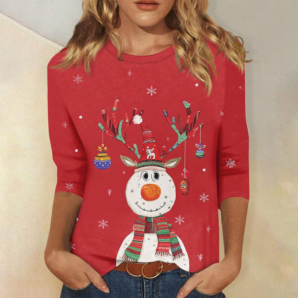 3/4 Sleeve Shirts For Women Print Christmas Tees Blouses Casual Plus Size Basic Tops Pullover