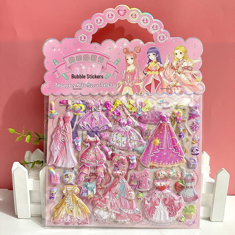 Handheld 3D Cartoon Princess Dress-Up Stickers for Girls - Double-Layer Sponge Bubble Toy