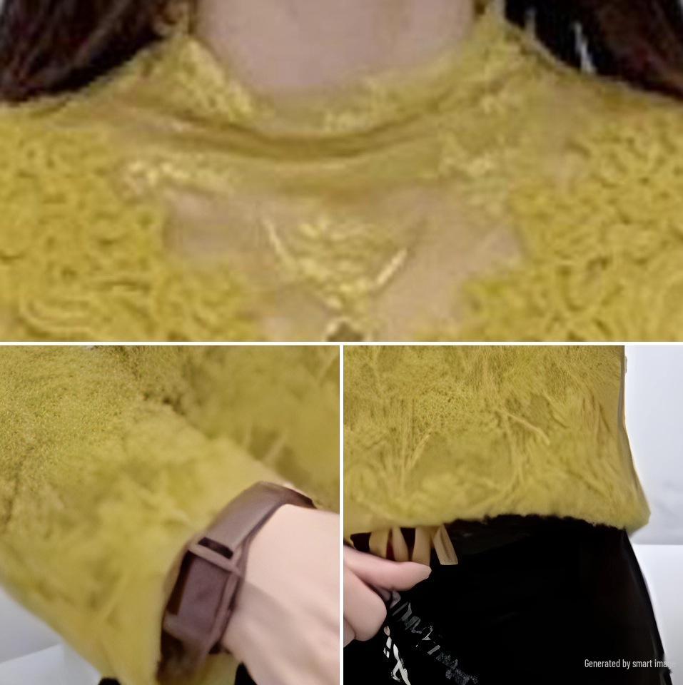 Elegant French-Style Velvet Lace Base Layer: Women's Winter Slimming Warm Top