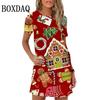 Christmas Printed Mini Dress Ladies Short-sleeved O-neck Loose A-line Sweet and Cute Cartoon Dress Summer New