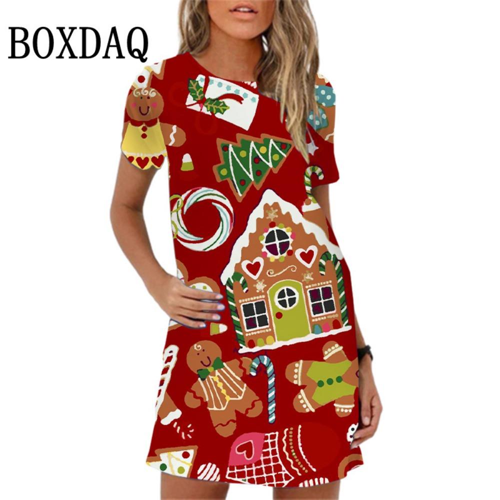 Christmas Printed Mini Dress Ladies Short-sleeved O-neck Loose A-line Sweet and Cute Cartoon Dress Summer New S
