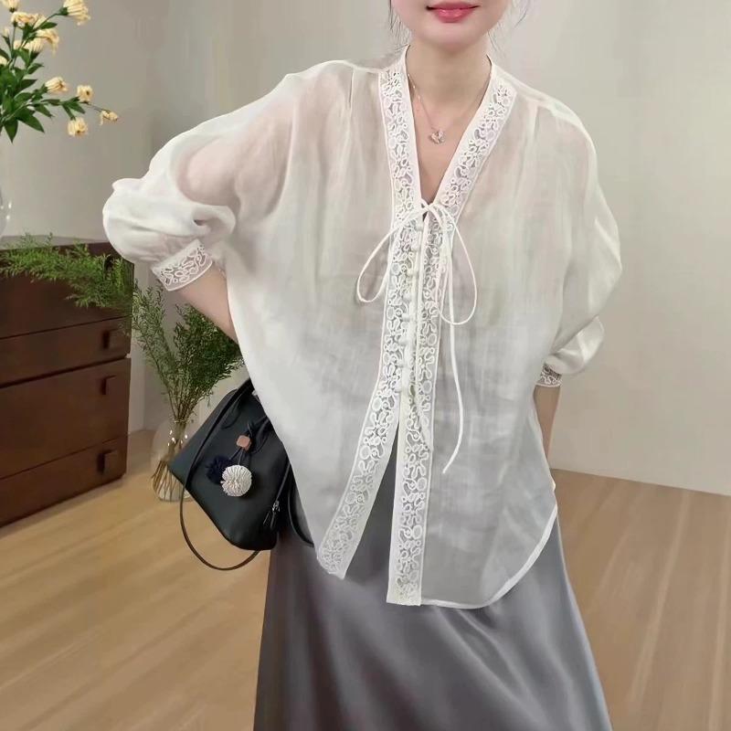 Women Fashion Loose V Neck Lace Embroidered Long Sleeve Breathable Sunscreen Blouse S белый