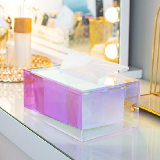 Iridescent Acrylic Storage Box with Hollow Handle Heavy Duty Multi-functional Large Capacity Desktop Makeup Tray Basket Organizer Tissue Holder