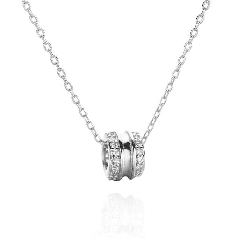 Silver Double Row Pave CZ Barrel Pendant Necklace Mini Rolling Bead Dainty Link Chain Women Minimalist Jewelry
