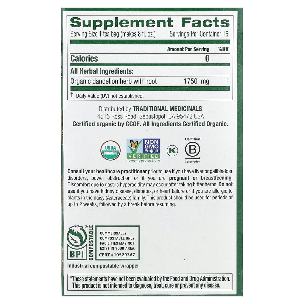 Traditional Medicinals Dandelion Leaf & Root Caffeine-Free Herbal Tea, 16 Tea Bags (28g/0.99oz)