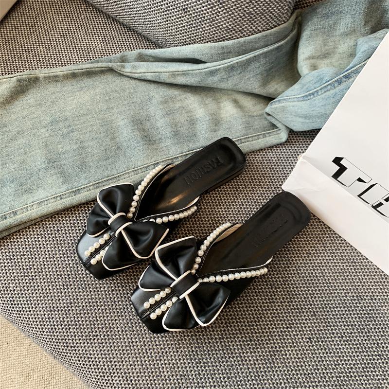 

Квадратная голова жемчуг супер огонь бант фея ветер сумка голова полушлепанцы женские летняя уличная одежда мода 2025 новинка 40 чёрный