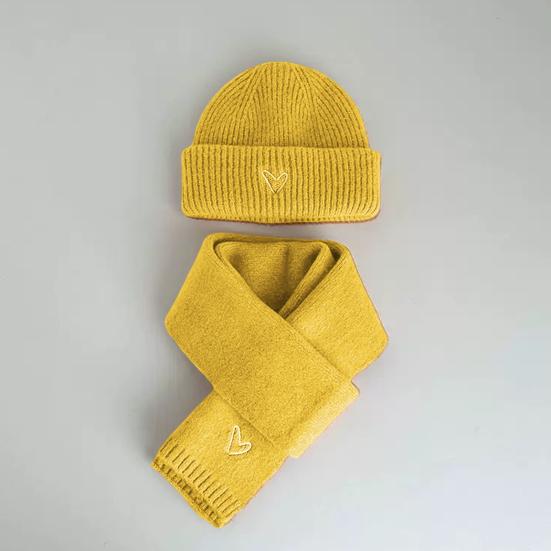 2 Adet/Set Çocuk Şapka Atkı Seti Düz Renk Kalp Desenli Kalınlaştırılmış Sıcak Örgü Şapka Uzun Atkı Seti Esnek Kesim Kışlık Giyim