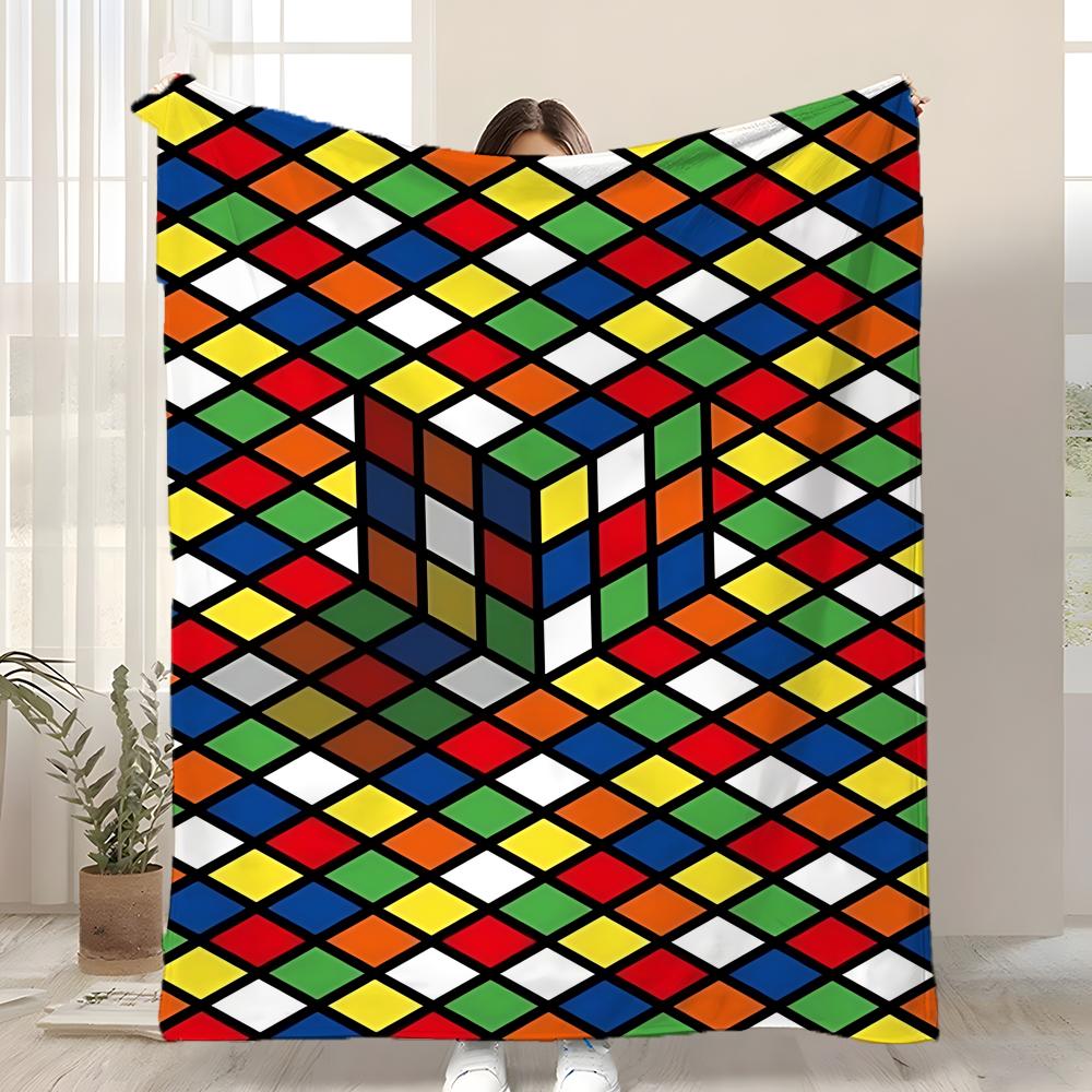 Cute cartoon style Rubik's cube Throw Kid-Friendly Flannel Throw Blanket Soft Warm Anti-Static Washable All Season