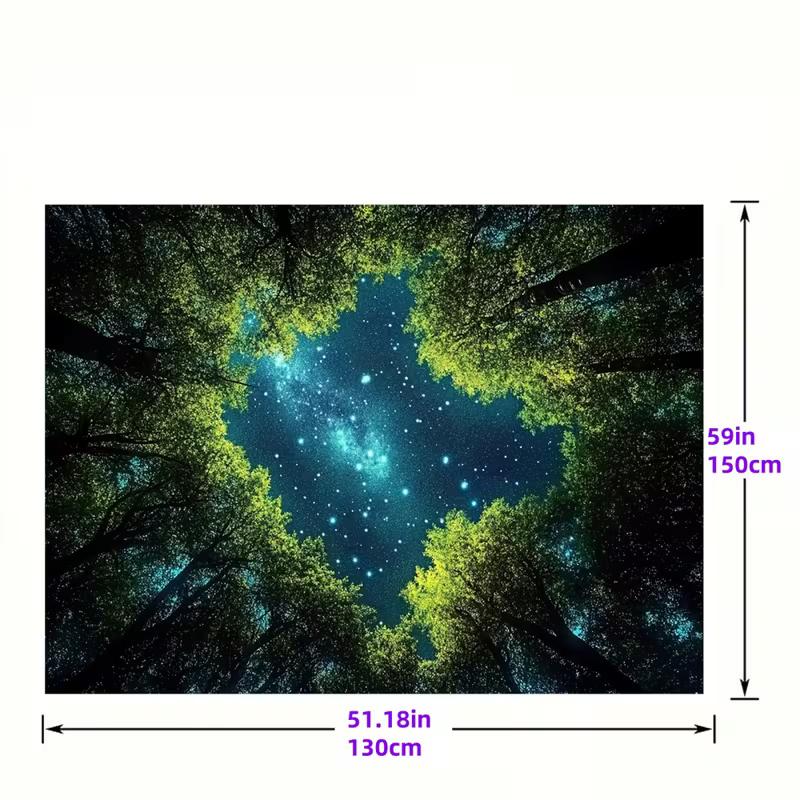 2D Magical Starry Forest Tapestry, Galaxy Sky Peeking Through Tree Branches Wall Hanging