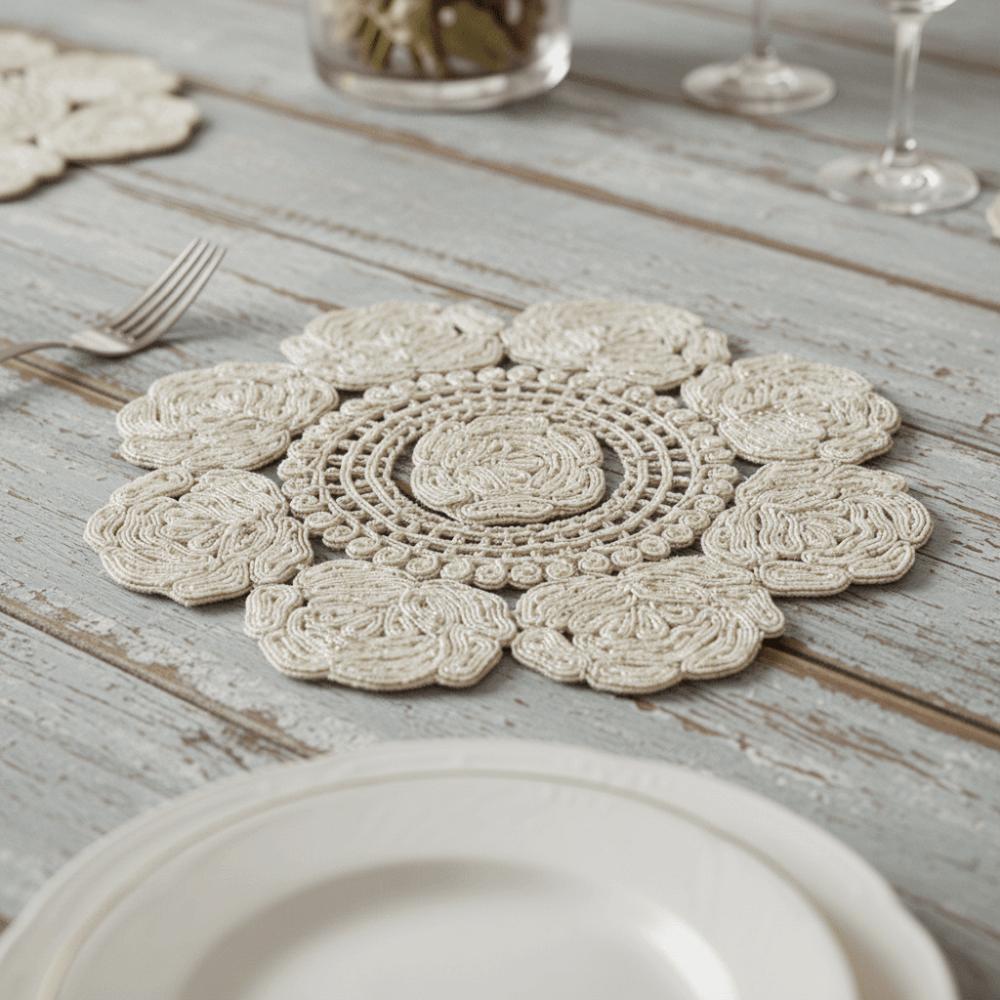 Vintage Rose Embroidery Placemat Hollowed-out Crochet Doilies Decorative Cup Mat  Dining Table