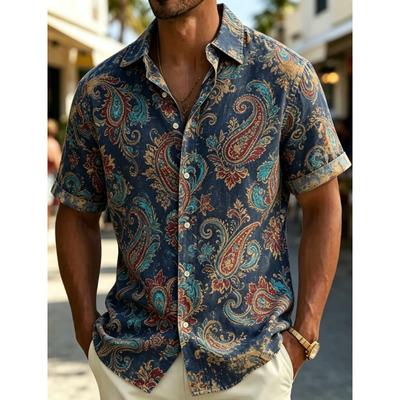 Exotic Bohemian Floral Short-sleeved Shirt, Men's Casual Top, Vintage Resort Style, Personalized Street Wear