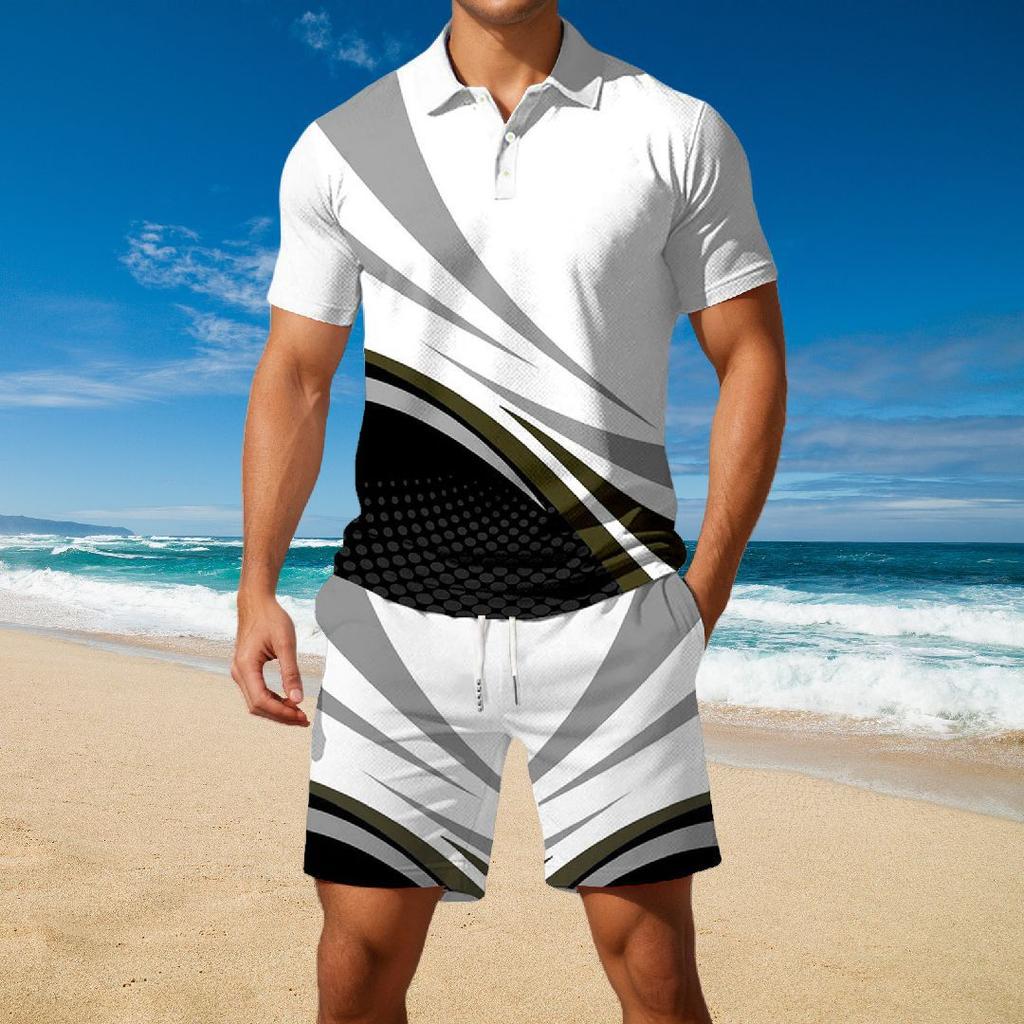 Temu hot-selling European and American fashion new color matching 3D digital printing men's lapel short-sleeved Polo shirt set