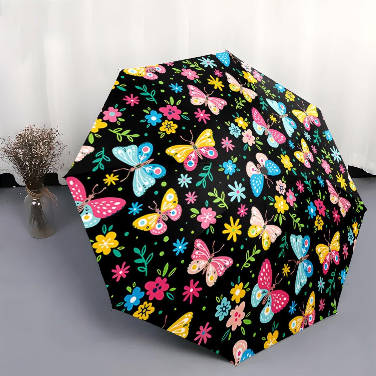 

Portable Folding Umbrella | Vibrant Butterfly, Flower, and Leaf Patterns on Black Background | Fits Travel, Backpack, Holiday (as the picture,Iron&8K)