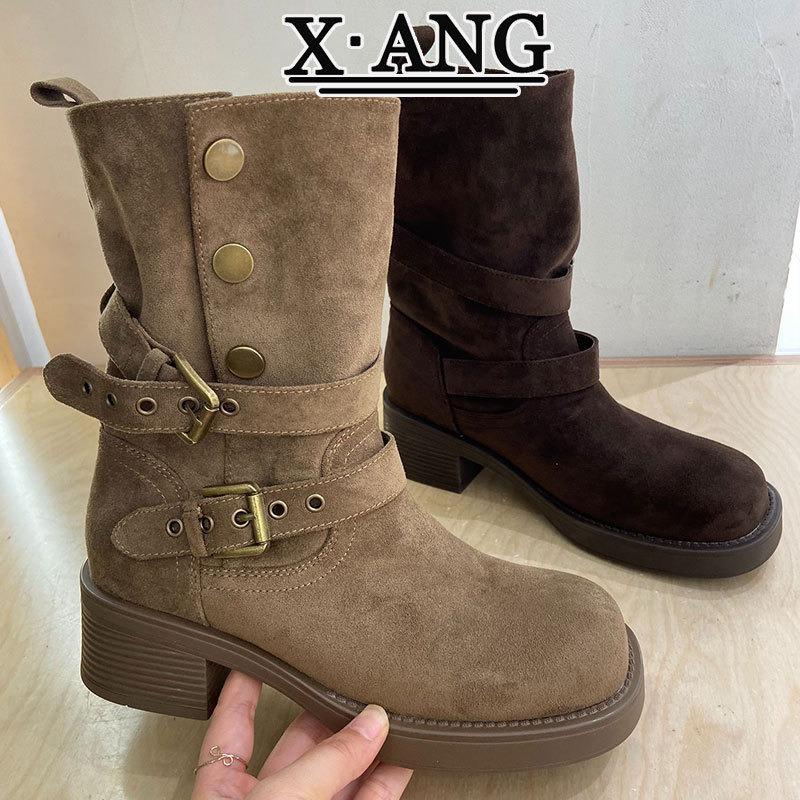 Cowhide version two-wear Martin boots women's thick heel thin knight boots belt buckle western cowboy boots medium boots children