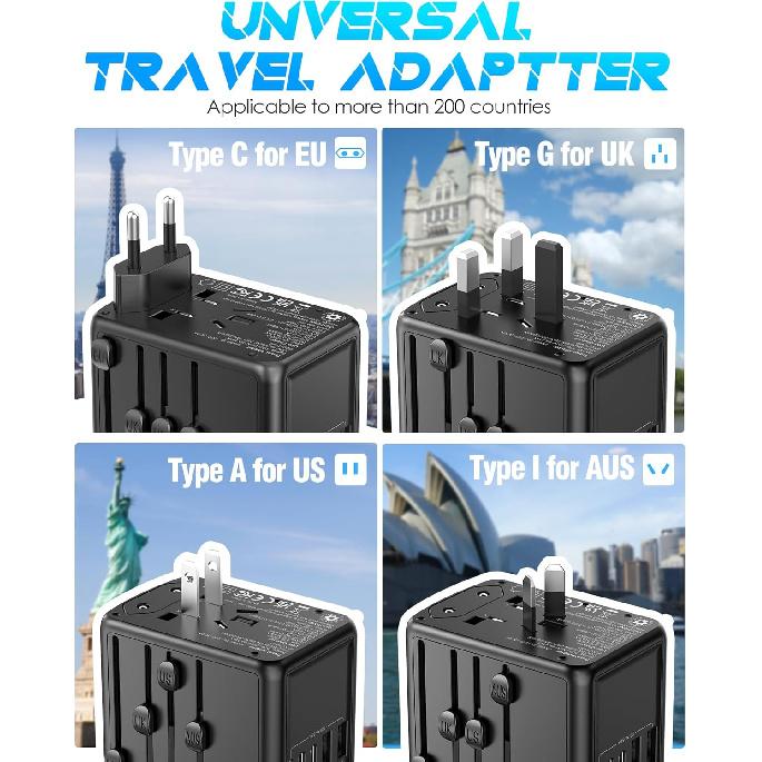 Universal Travel Adapter 35W PD Fast Charging Offers 3X2.4A USB-A Ports, 2X USB-C Ports and Multi AC Outlet, International Plug Converter Worldwide