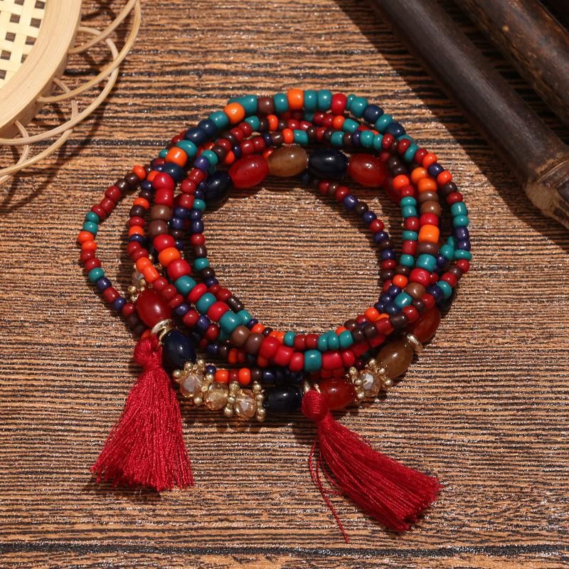 Богемный этнический стиль Многослойный браслет из бусин Набор из 6 штук Браслет с бахромой и подвеской Поколение
