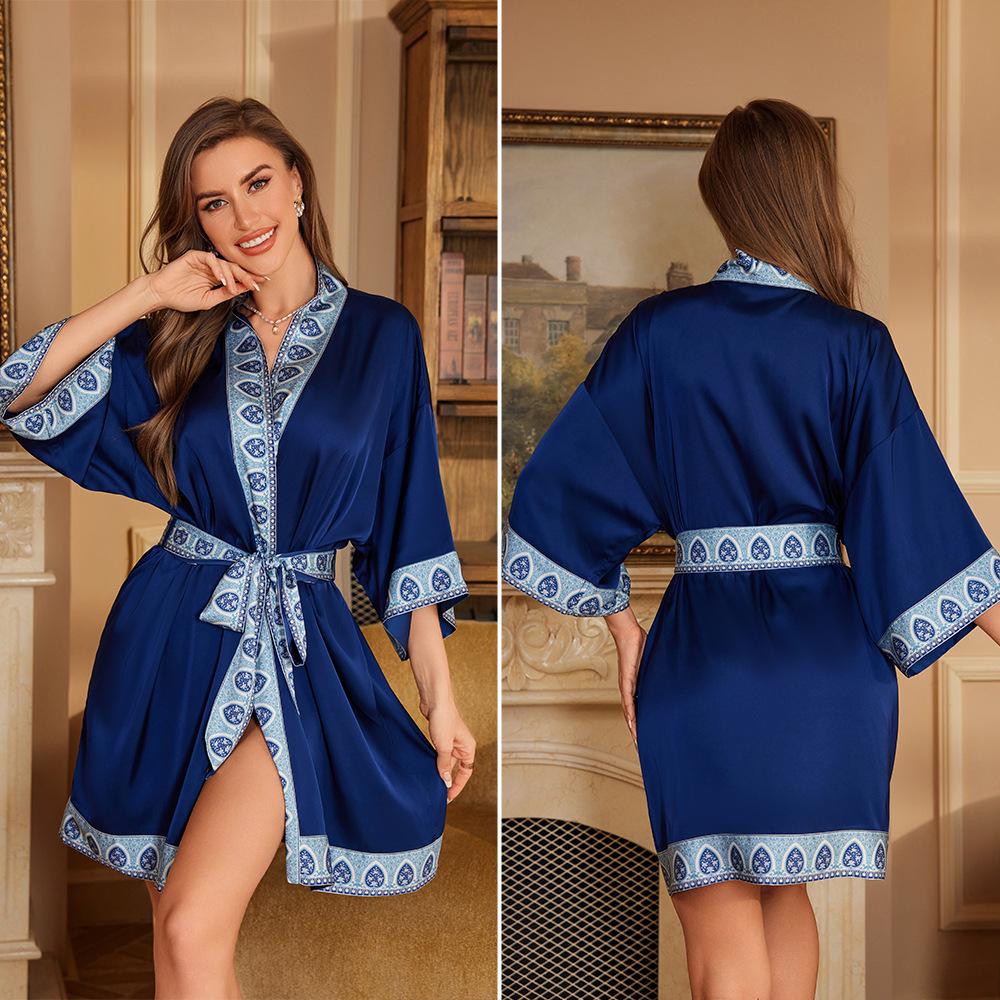 Yaoting Elegant Retro Chinese-Style Satin Nightgown for Women, Luxurious & Noble Home Bathrobe - Summer 3370.