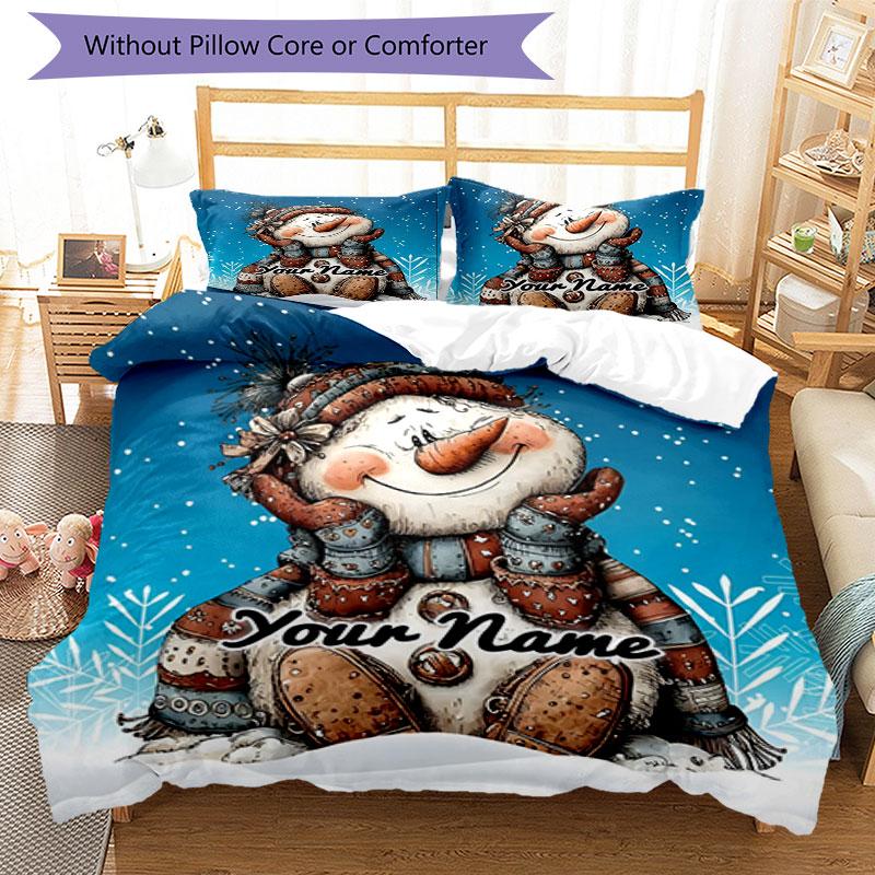 3PC Custom Name Snowman Winter Wonderland Bedding Set Printed Bedding Set Duvet Cover Closure Includes 1 Duvet Cover & 2 Pillowcases for All Seasons B