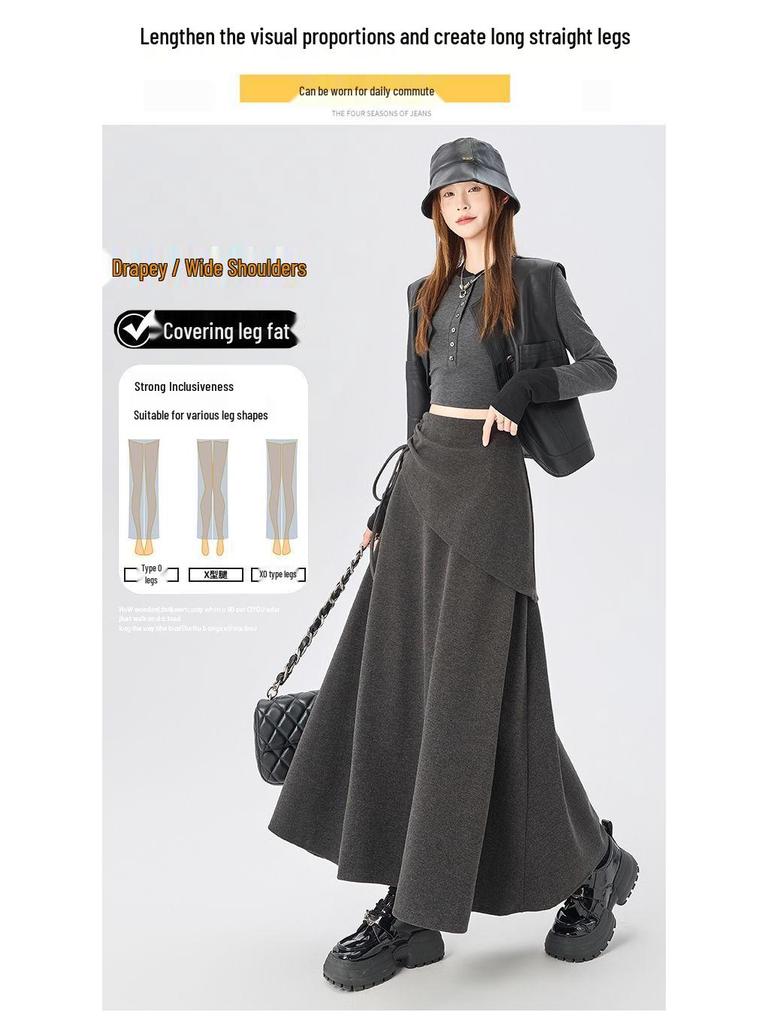 2025 New Design Women's Irregular Gray Woolen A-Line Tie-Up Long Skirt for Autumn/Winter