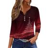 Maglietta Top da Donna Moda Casual Stampa Albero di Natale Scollo a V Bottone Decorativo Manica a Tre Quarti