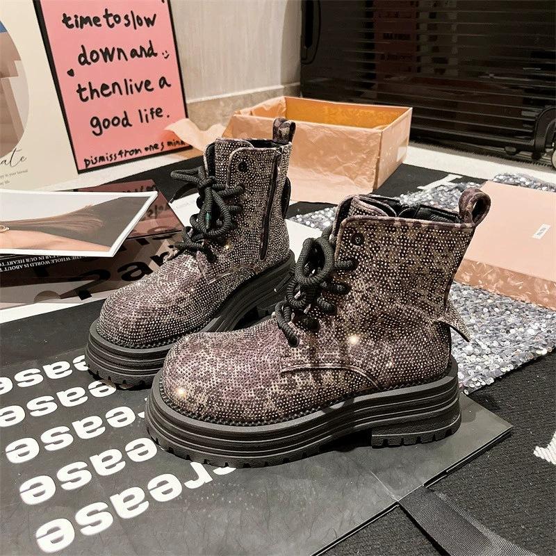 

Rhinestone Martin boots for women 2025 new leopard print full diamond luxury lace-up short boots round head thick sole muffin locomotive boots for 40