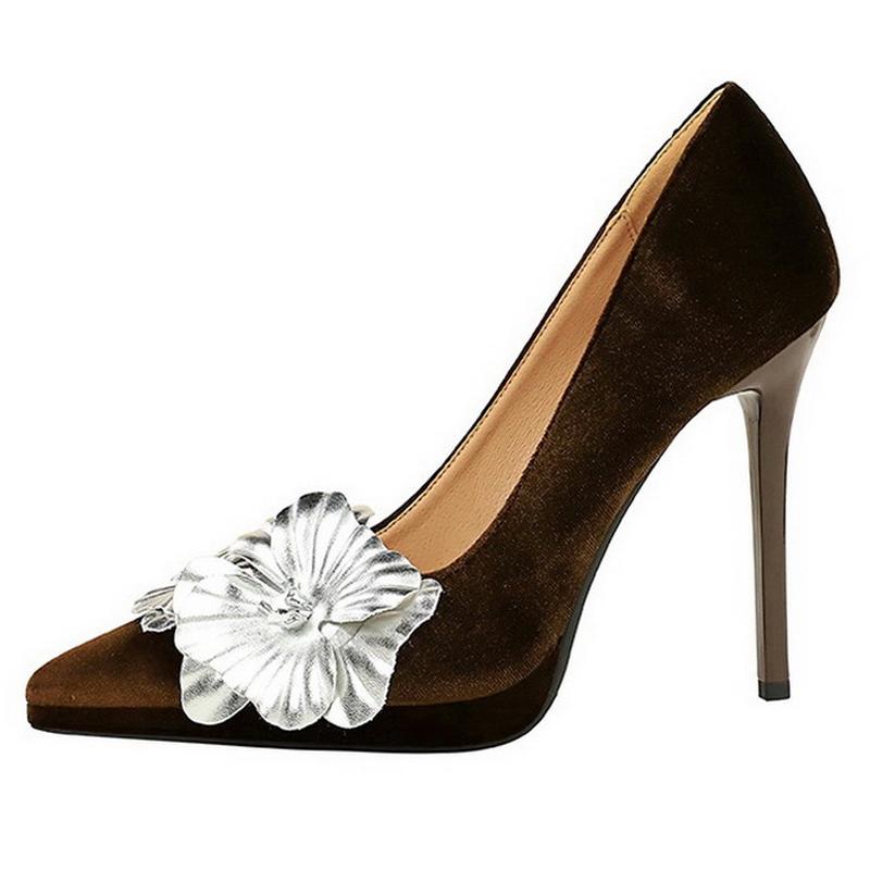 

11cm Women Pumps Flower Platform High Thin Heel Shoes Pointed Toe Shallow Mouth Single Shoes for Nightclub Party Wedding Banquet 43 темно-коричневого кольору