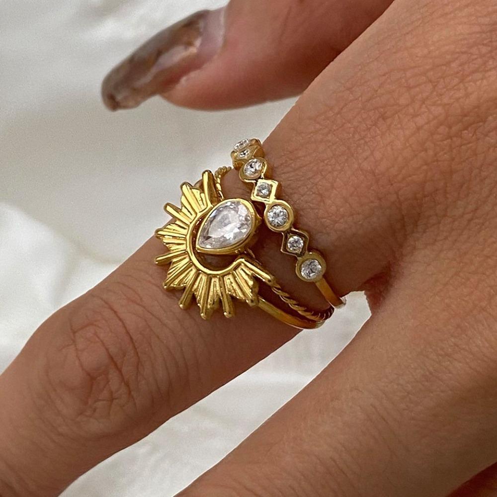 3pcs Fashion Ribbed Sun Geometry Ring Stainless Steel Stackable Ring Beauty Finger Ring Set  Party