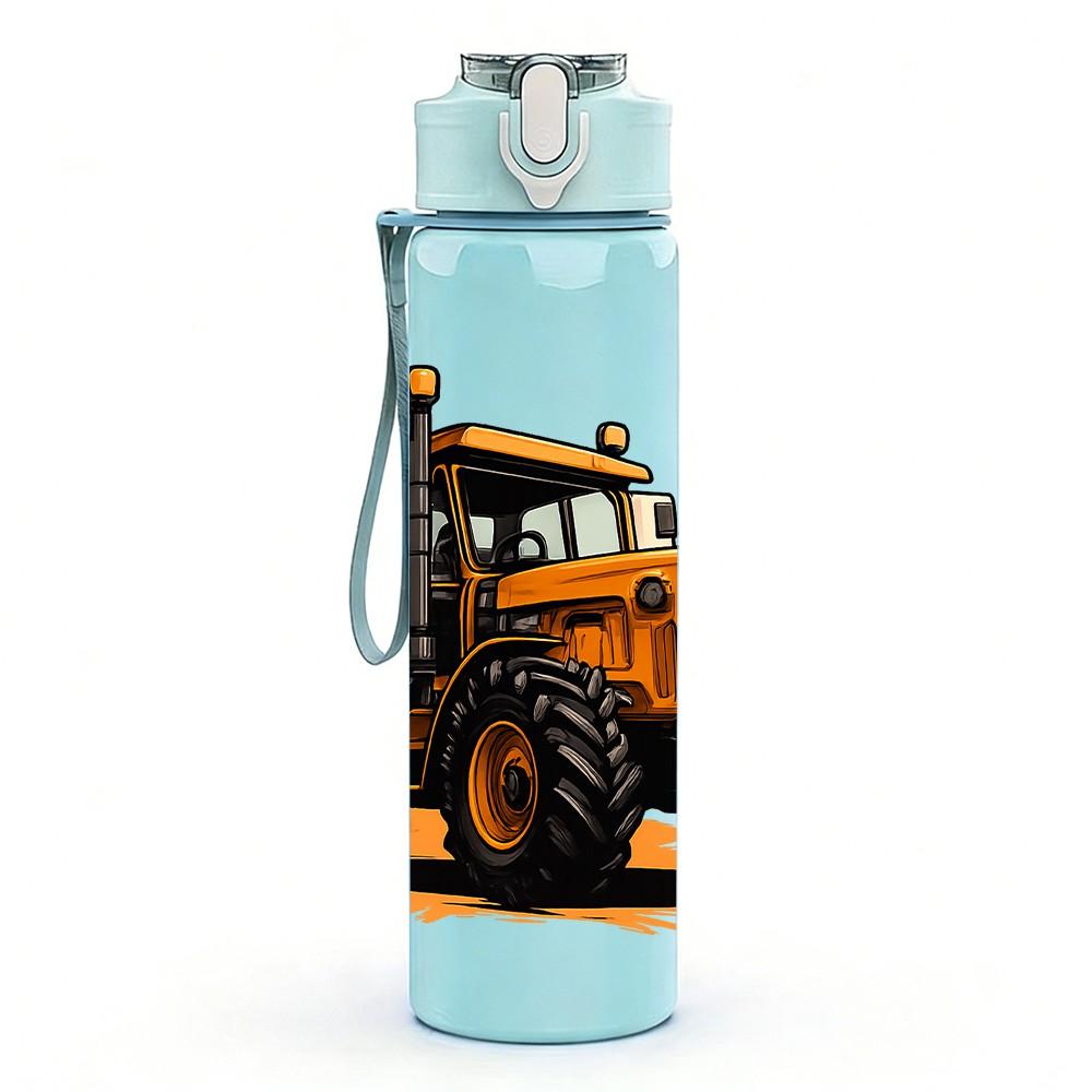 1PC Yellow Heavy Bulldozer Construction Pattern 750ml Color Plastic Sports Water Bottle Leakproof Flip Straw Lid Suitable for Sports Office Home Use